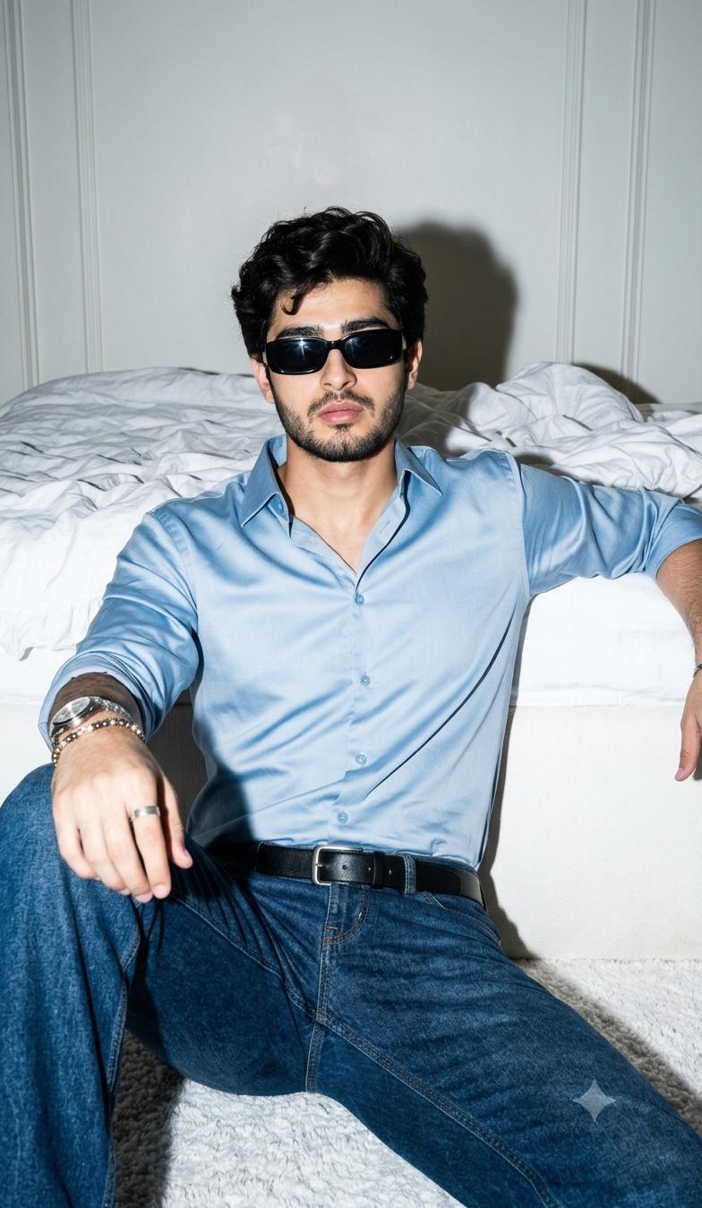 Indie sleaze male fashion portrait AI image prompt | Icy blue bedroom flash photography editorial