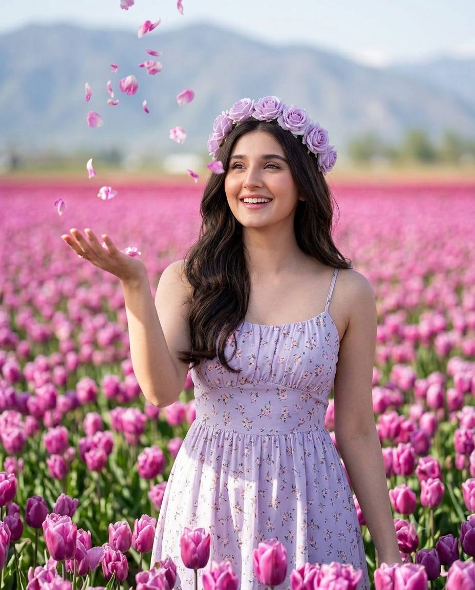 Joyful Woman in Pink and Purple Flower Field | Ultra-Realistic Cinematic AI Image Prompt