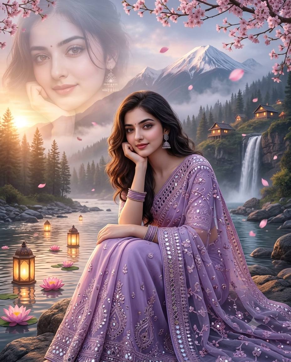 Lavender saree fantasy portrait AI prompt | Lotus, waterfall and ethereal 8K