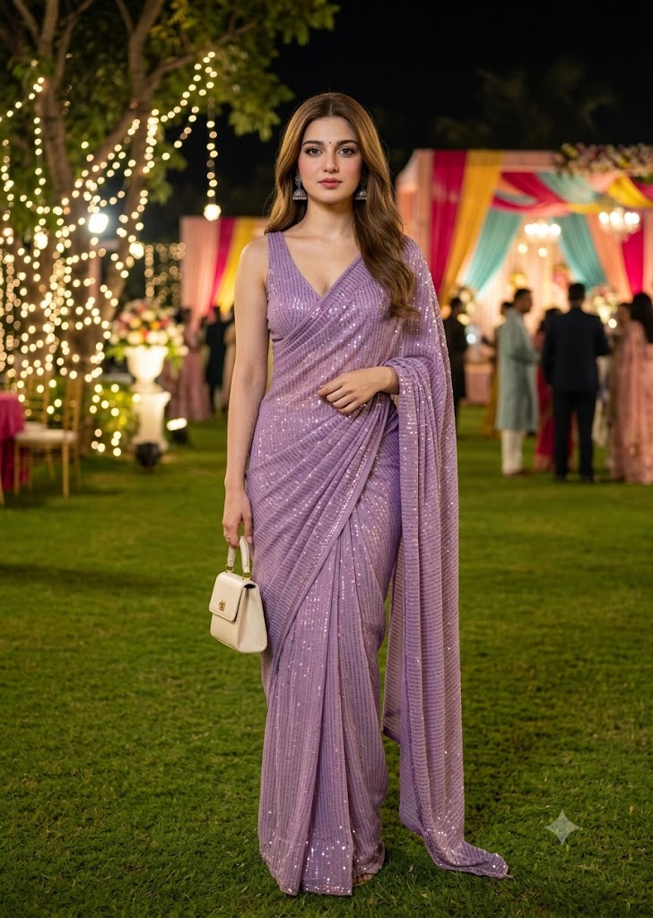 Lavender Sequin Saree Wedding Portrait AI prompt | Luxury Indian Bridal Fashion Photography
