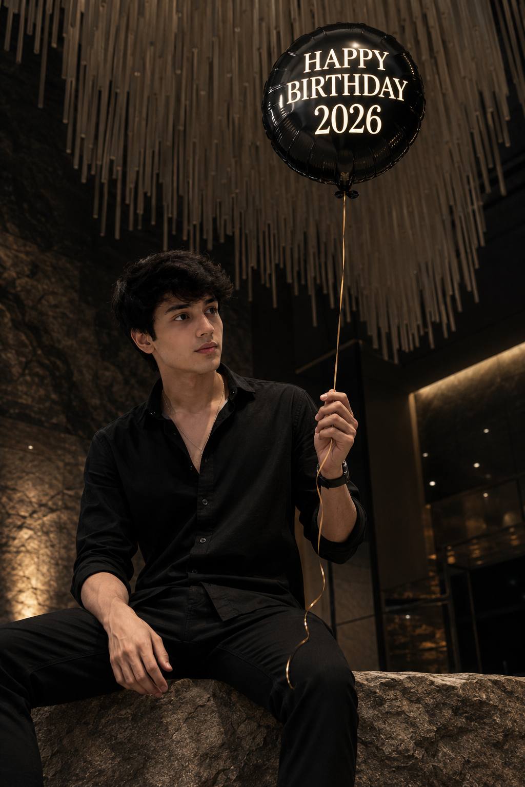 Low Angle Portrait AI Prompt: Young Man in All Black | Moody Indoor Birthday Aesthetic