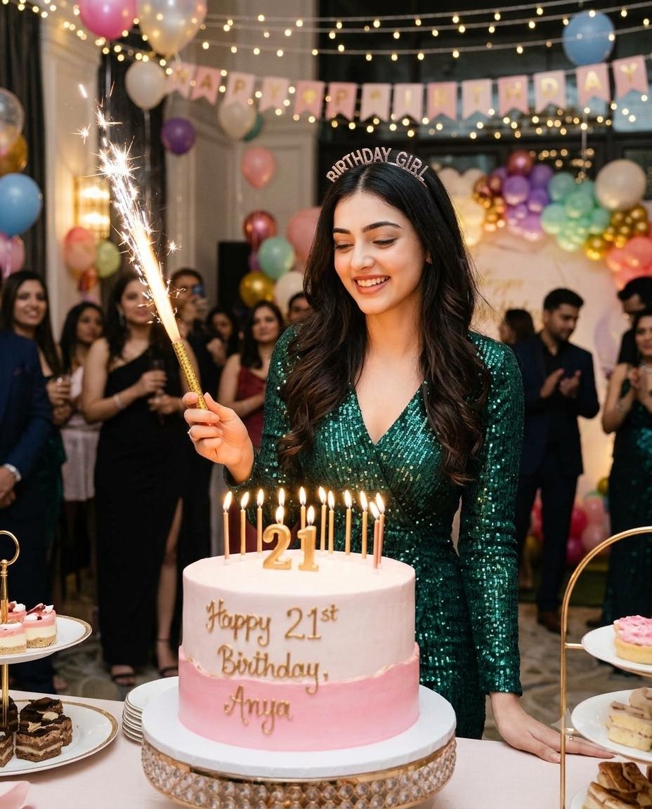 21st Birthday Portrait AI Image Prompt | Emerald Green Dress & Elegant Sparkler Celebration