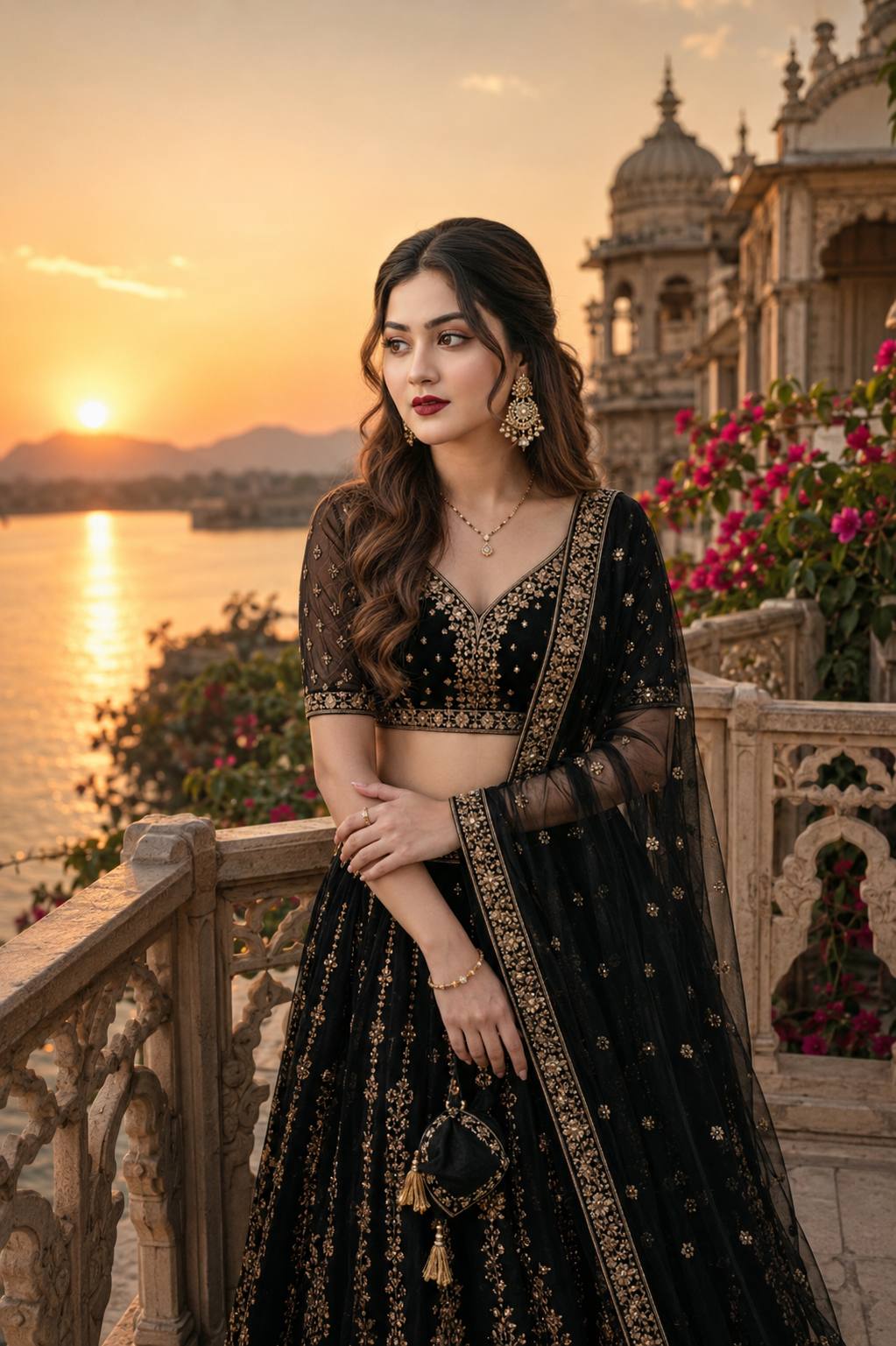 Luxury Black & Gold Lehenga AI Photo Prompt | Cinematic Palace Sunset Fashion Portrait