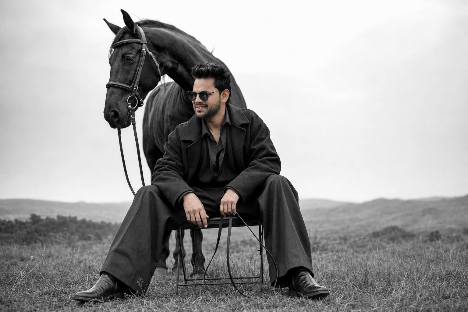 Luxury Black Horse Fashion Editorial Portrait | Cinematic Monochrome Photography Ai Prompt
