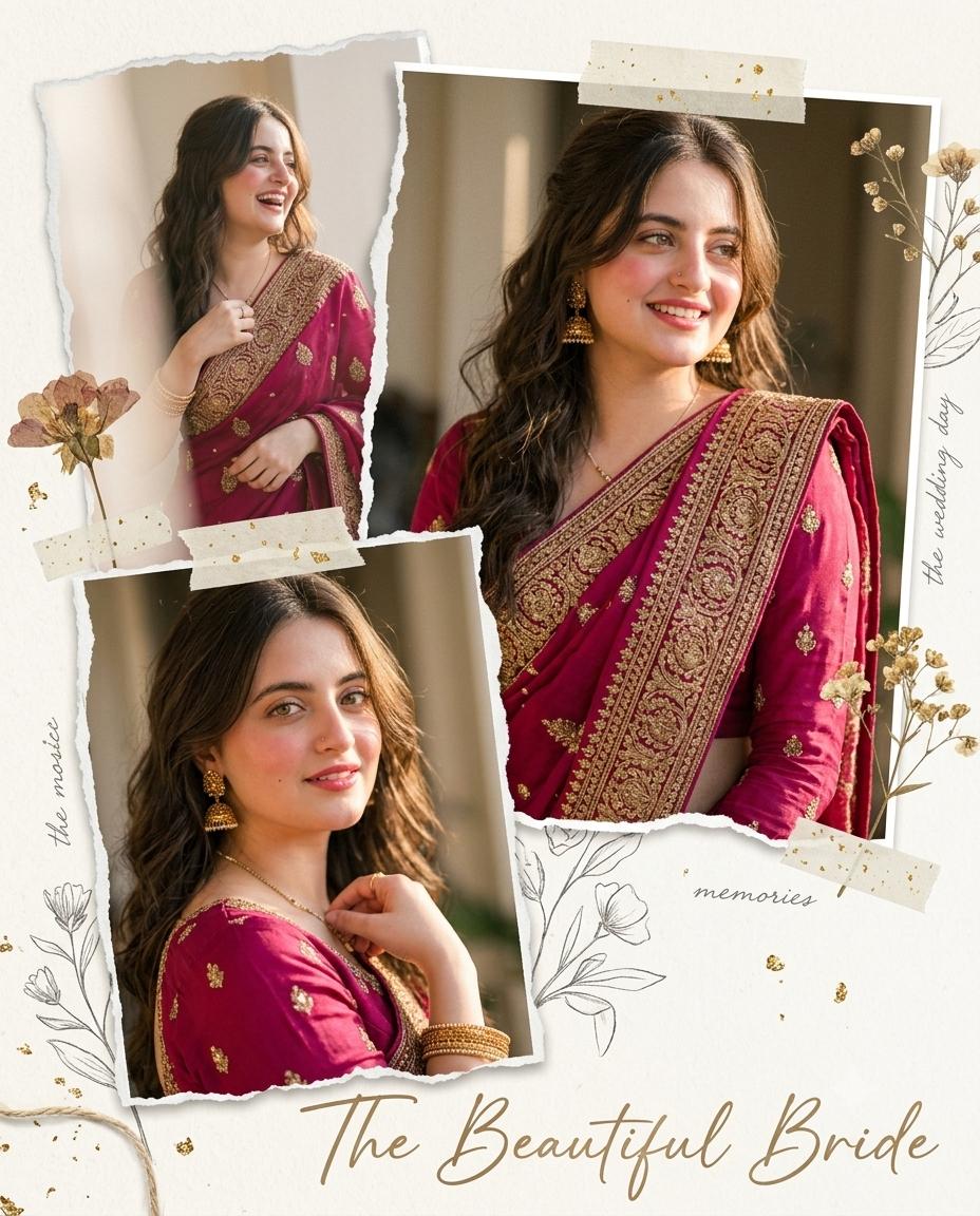 Bridal saree collage AI image prompt Gemini | Magenta pink saree, antique gold embroidery and torn-paper editorial