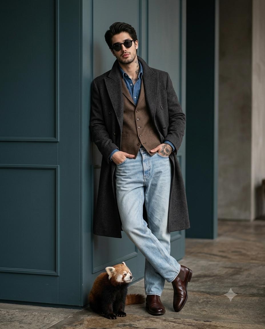 Cinematic Editorial Male Fashion Portrait AI Image Prompt Gemini | Charcoal Overcoat & Luxury