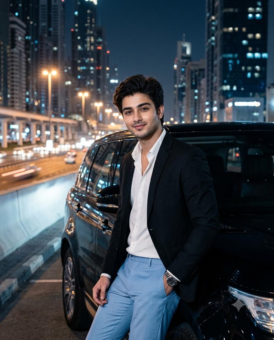 Luxury Male Portrait AI Image Prompt Gemini | Black SUV Cinematic Night Highway Photography
