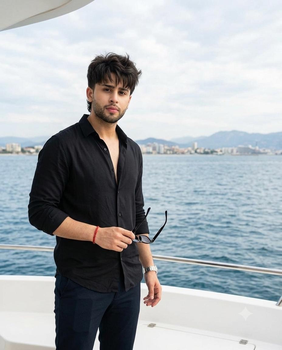 Luxury coastal man portrait AI image prompt Gemini | Black button-up shirt, open sea and cinematic waterfront fashion