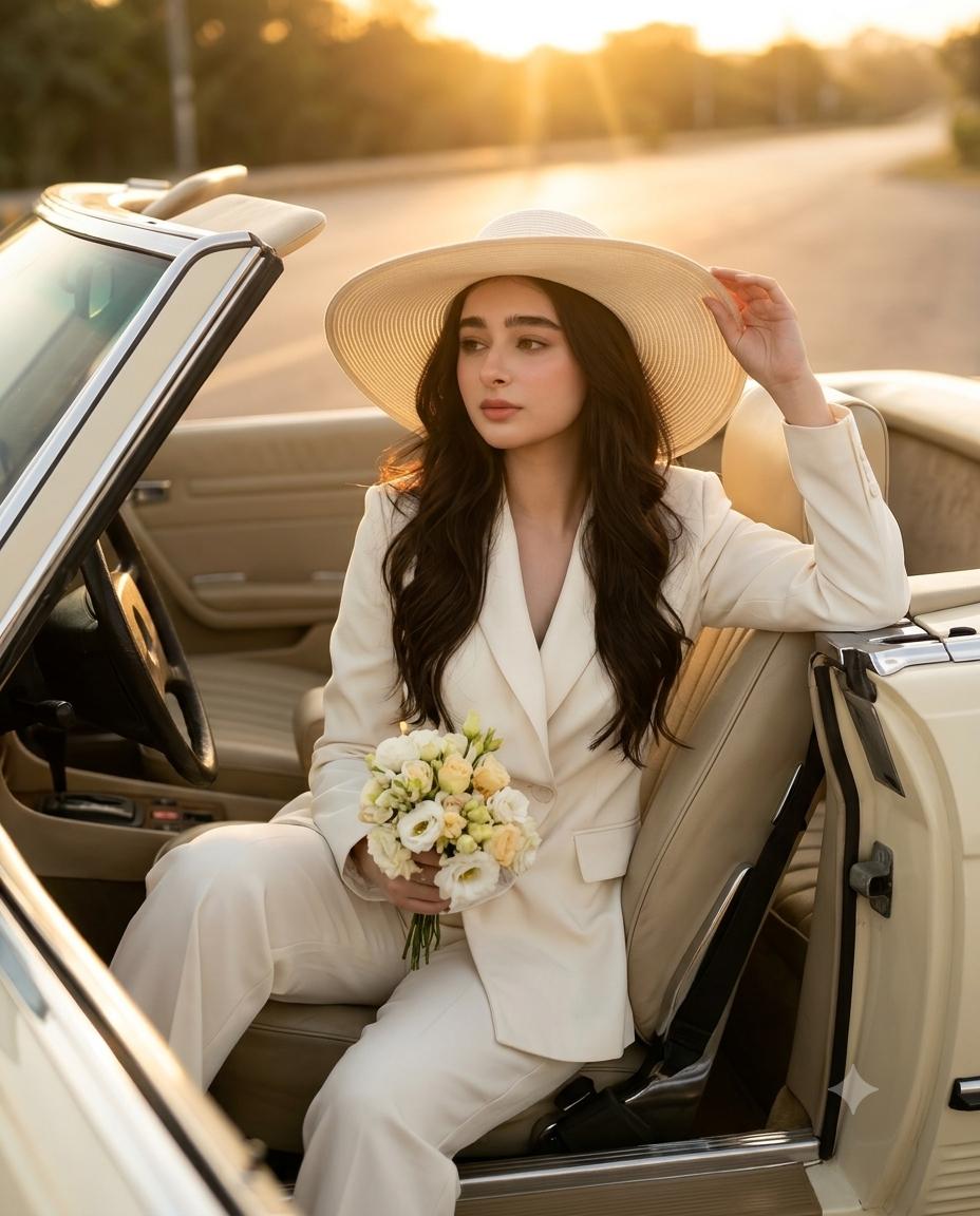 Luxury convertible fashion portrait AI image prompt | Ivory pantsuit white hat golden hour photography