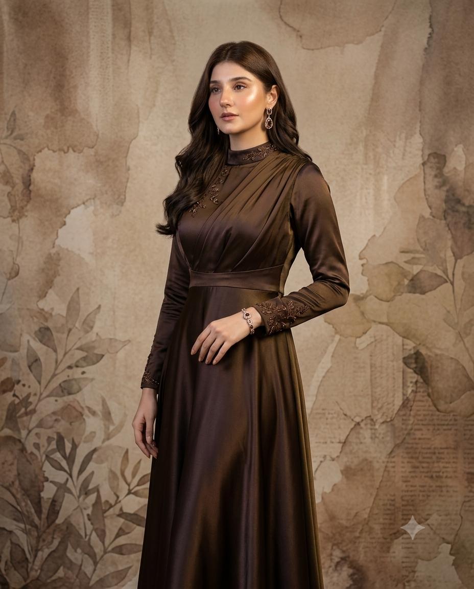 Luxury couture woman AI image prompt Gemini | Satin gown and Vogue-style editorial