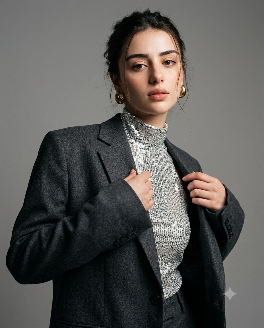 Luxury Fashion Portrait AI Image Prompt Gemini | Grey Blazer, Silver Sequin Top & 8K Studio Photography