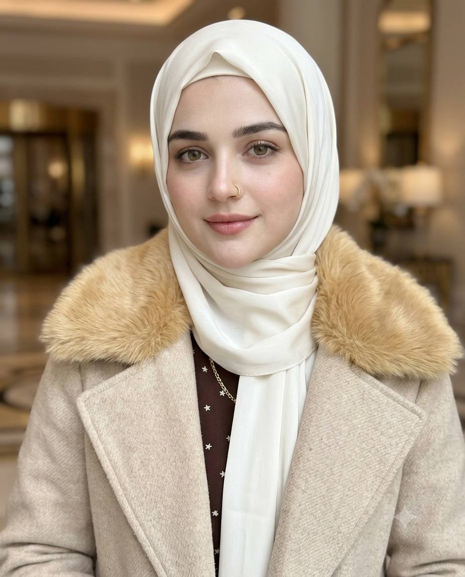 Ivory hijab luxury AI prompt | Faux-fur stole & elegant hotel lobby