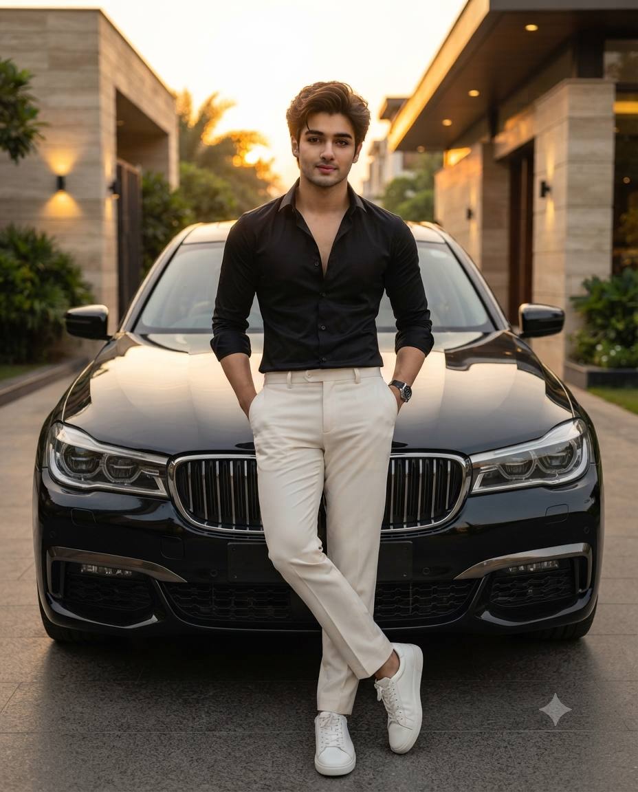 Luxury lifestyle portrait AI prompt | BMW and cinematic sunset style