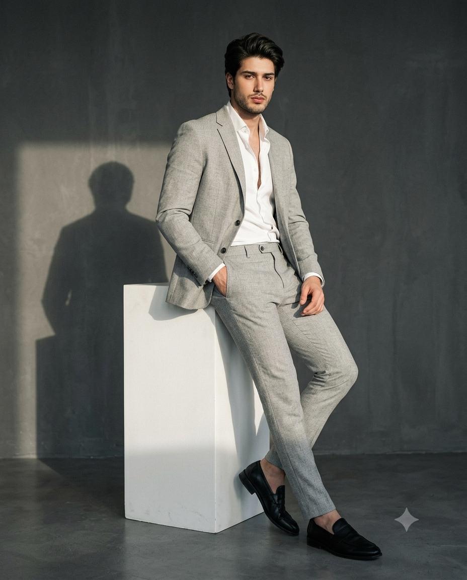 Luxury male fashion portrait AI image prompt Gemini | Light grey suit, dramatic studio lighting and cinematic 85mm photography