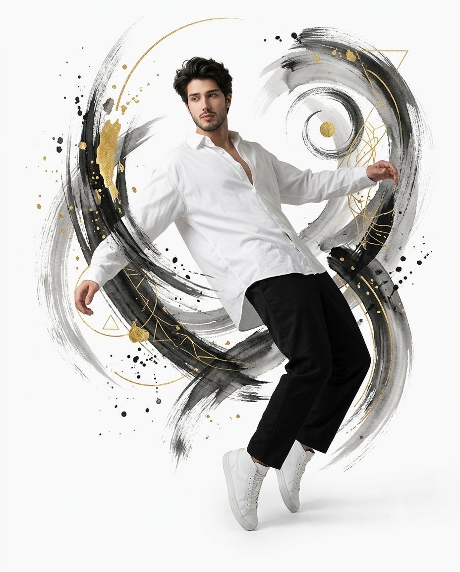 abstract art poster AI image prompt Gemini | Mid-air pose, oversized white shirt and black-white-gold