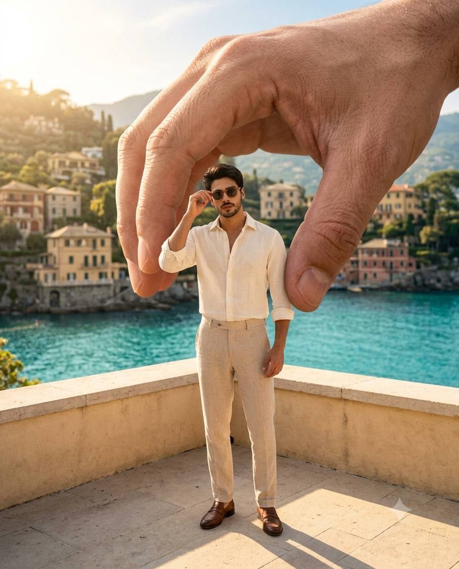 Mediterranean giant hand portrait AI prompt | Riviera forced perspective