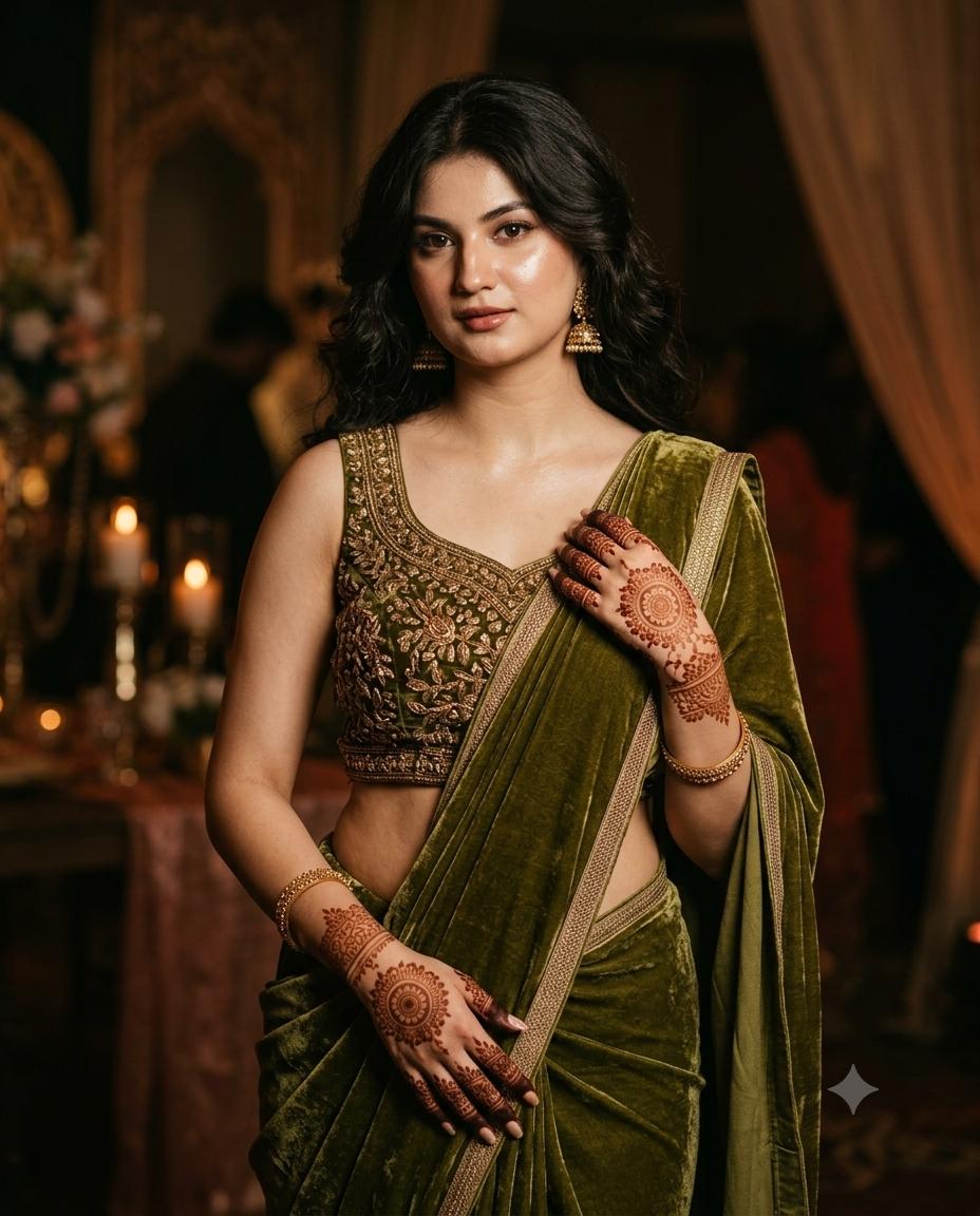 Olive green velvet saree portrait AI image prompt | Dramatic high-fashion Indian editorial