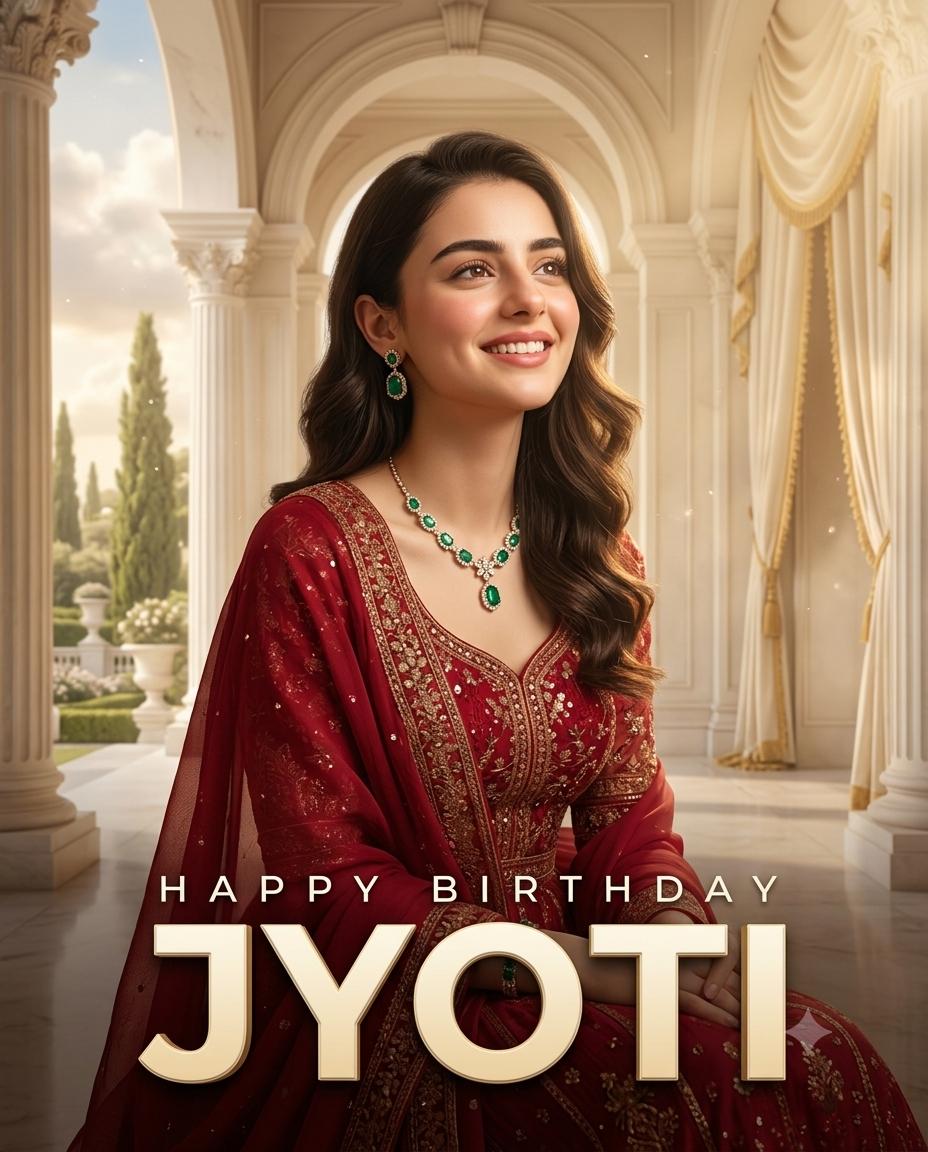 Luxury palace birthday poster AI image prompt Gemini | Ruby red ethnic dress, emerald jewelry and cinematic golden-hour photography