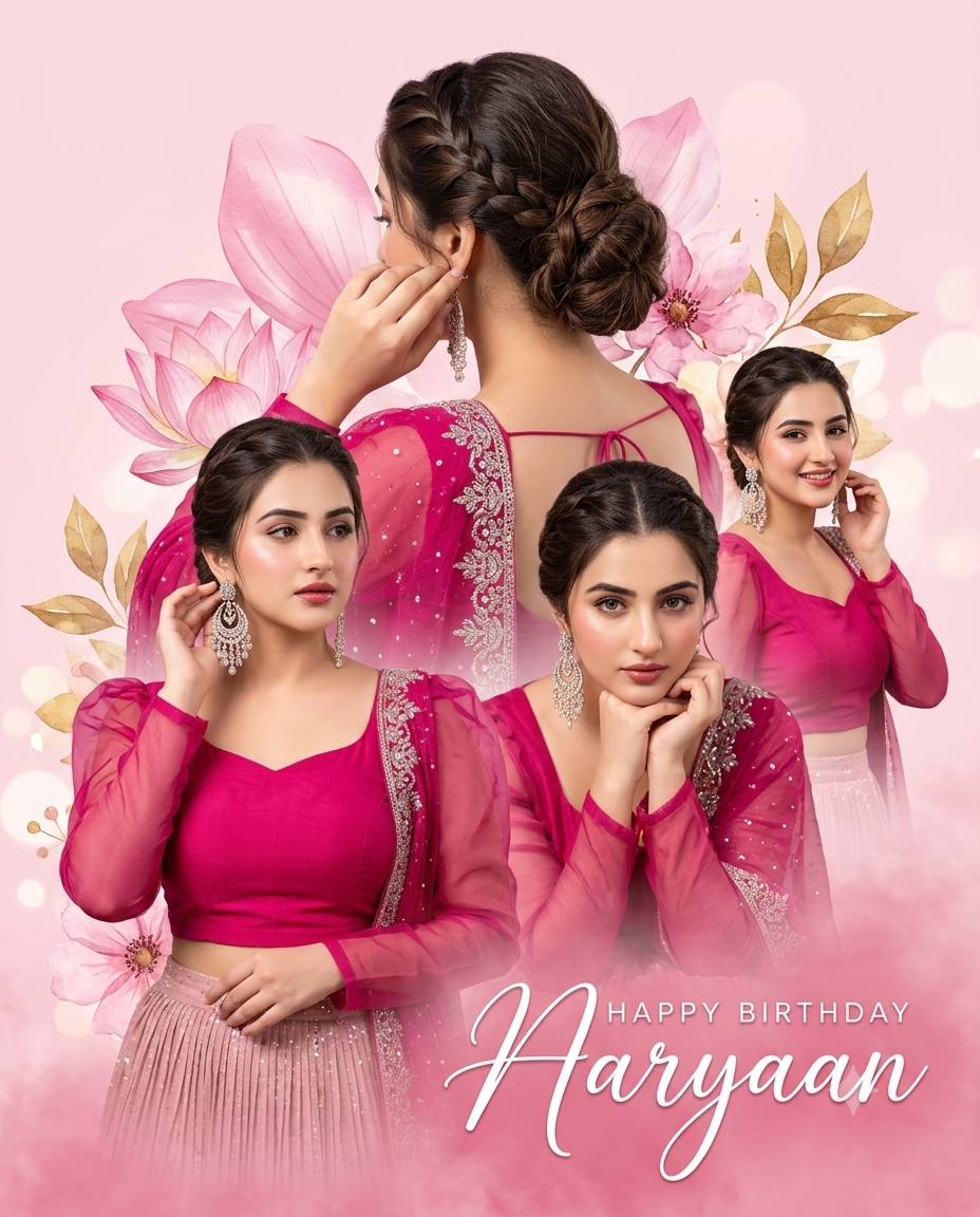 Pink birthday poster AI prompt | Fuchsia outfit & floral dreamy background