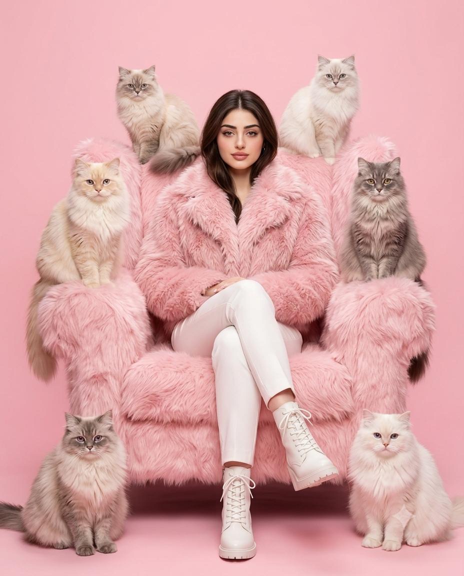 Luxury Pink Fashion Portrait with Fluffy Cats | Monochromatic Pastel Editorial AI Image Prompt