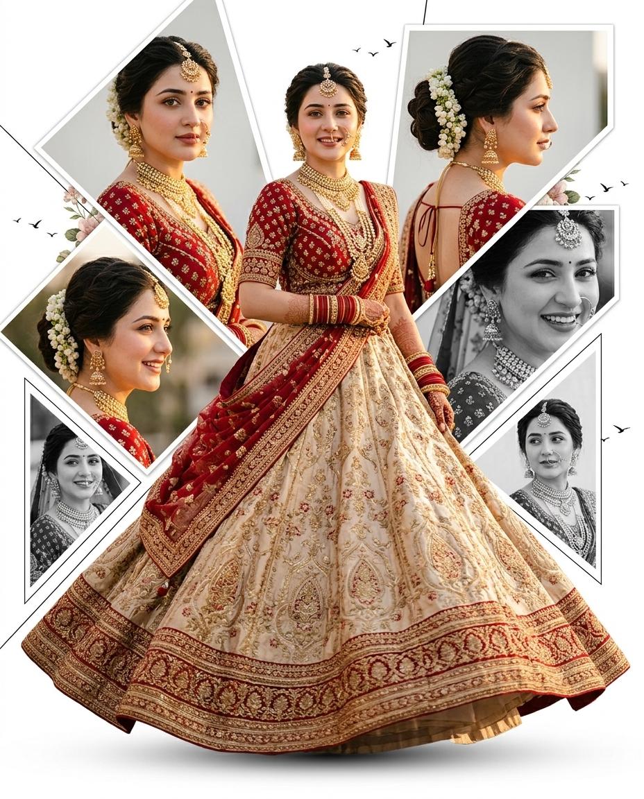 Indian bridal lehenga collage AI image prompt Gemini | Luxury red and champagne gold magazine-style fashion
