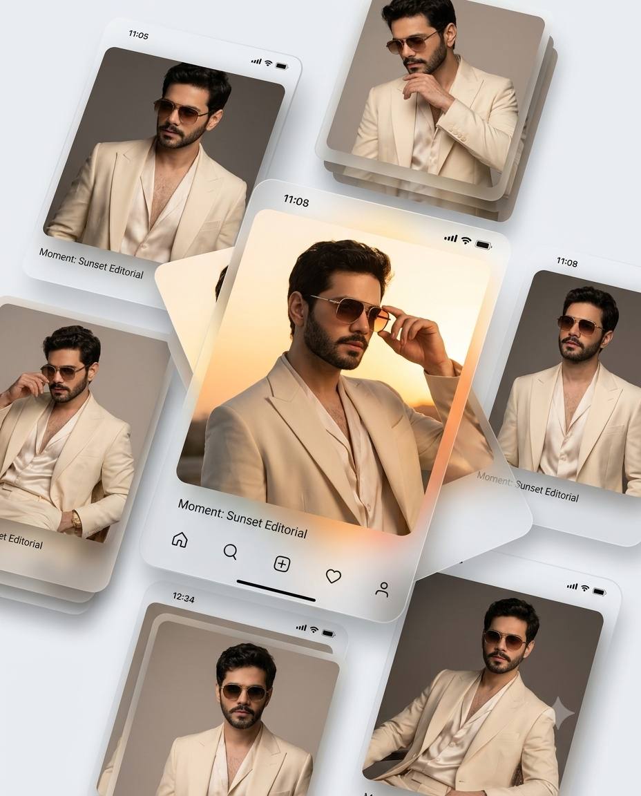 Smartphone fashion gallery AI prompt | Cream blazer & sunset aesthetic
