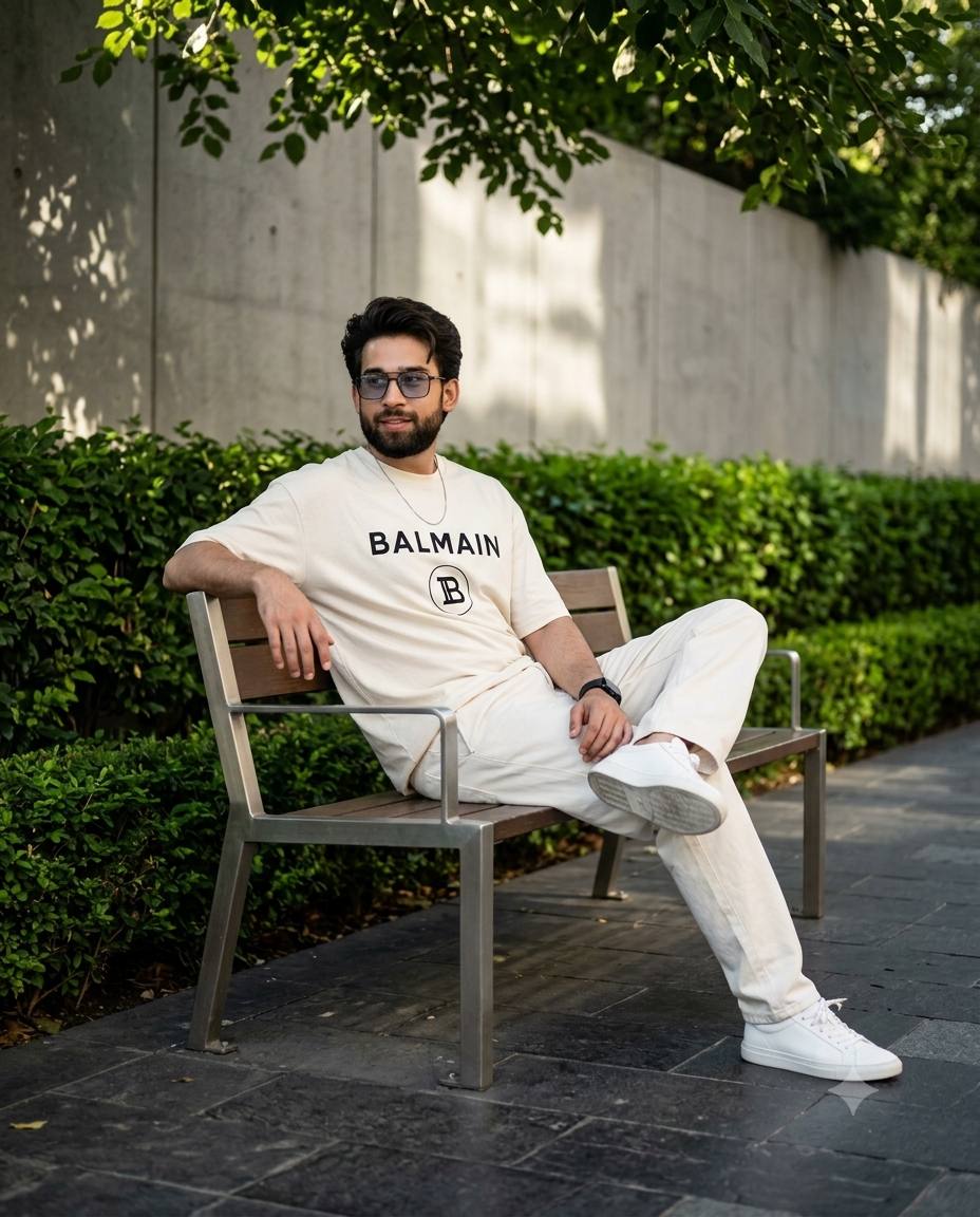 Urban garden man portrait AI prompt | Off-white tee & cream trousers