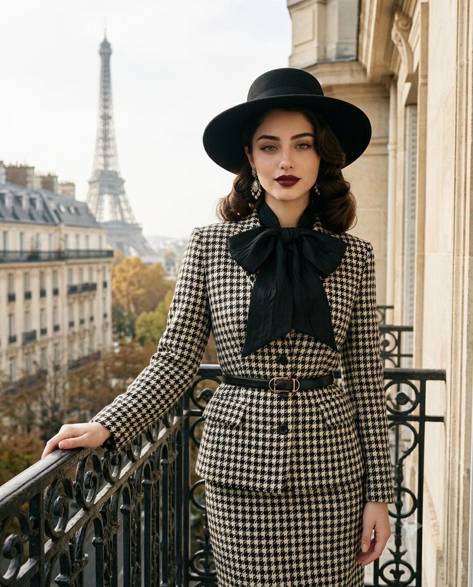 Parisian fashion AI image prompt Gemini | Vintage Hollywood glamour with Eiffel Tower view