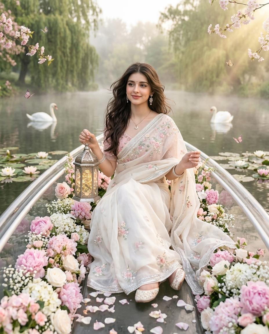 Dreamy Misty Lake Portrait AI Image Prompt Gemini | Ivory Organza Silk, Pink Peonies