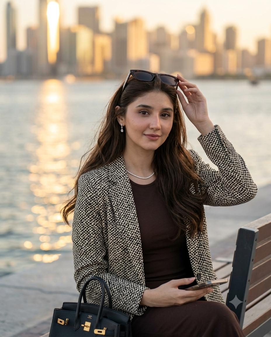 Luxury waterfront woman portrait AI image prompt Gemini | Chic blazer, sunglasses and sunset city skyline