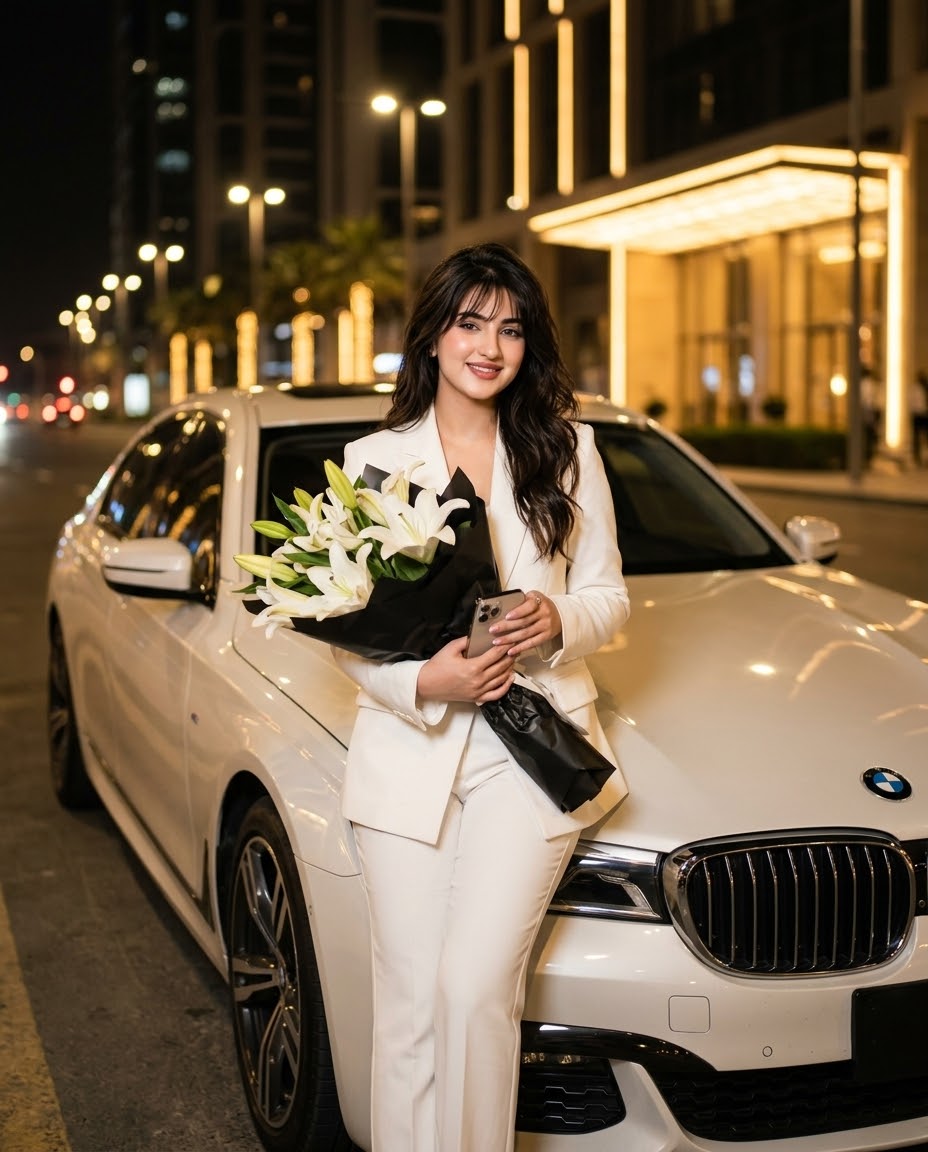 White power suit portrait AI prompt | White lilies, BMW & night