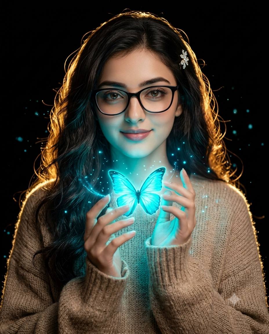 Magical Cyan Butterfly Woman Portrait – Ultra-Realistic Cinematic Fantasy AI Photo