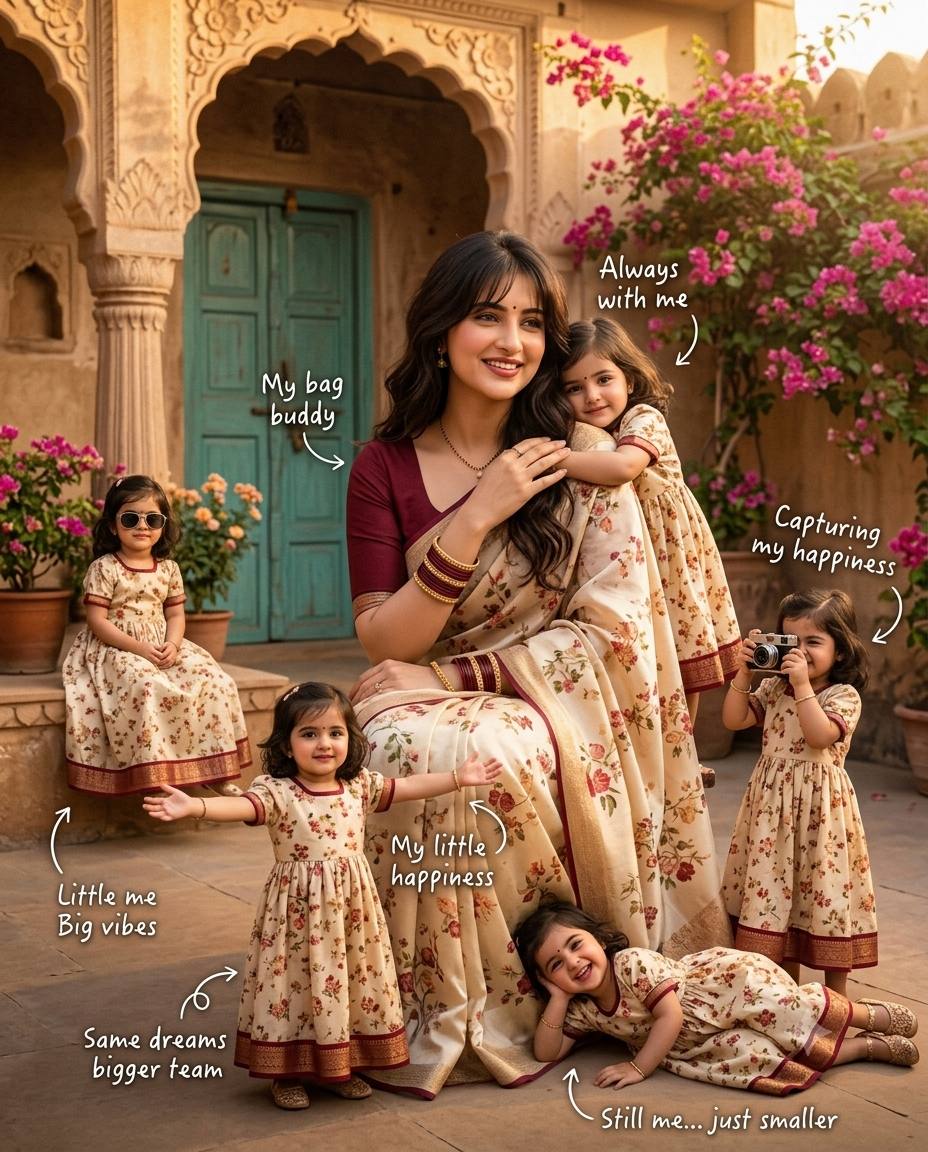 Magical Little Me Mother-Daughter Portrait in Rajasthani Courtyard | Cinematic 4:5 Photography | AI image prompt