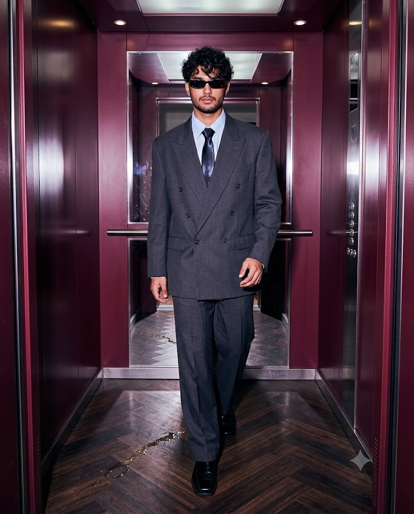 Retro-Futuristic Party Elevator AI Prompt – Oversized Suit Flash Photography