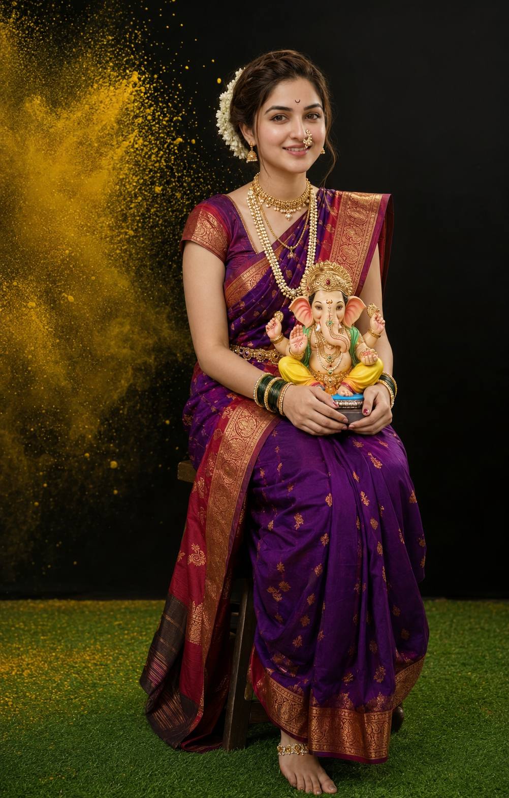 Woman with Lord Ganesha Idol in Traditional Nauvari Saree | Ultra Realistic AI Image Prompt