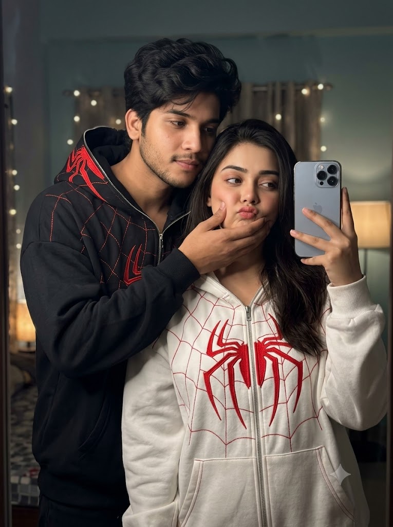 Realistic Matching Spiderweb Hoodie Couple AI Prompt – Cheek Squish Mirror Selfie
