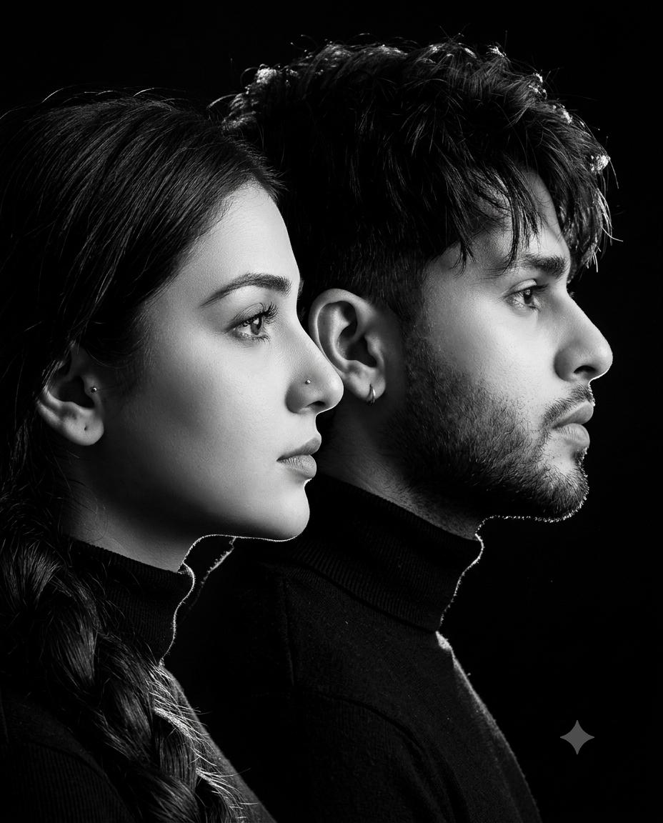 Black and white couple portrait AI image prompt Gemini | Black turtlenecks, dramatic rim lighting and cinematic fine art