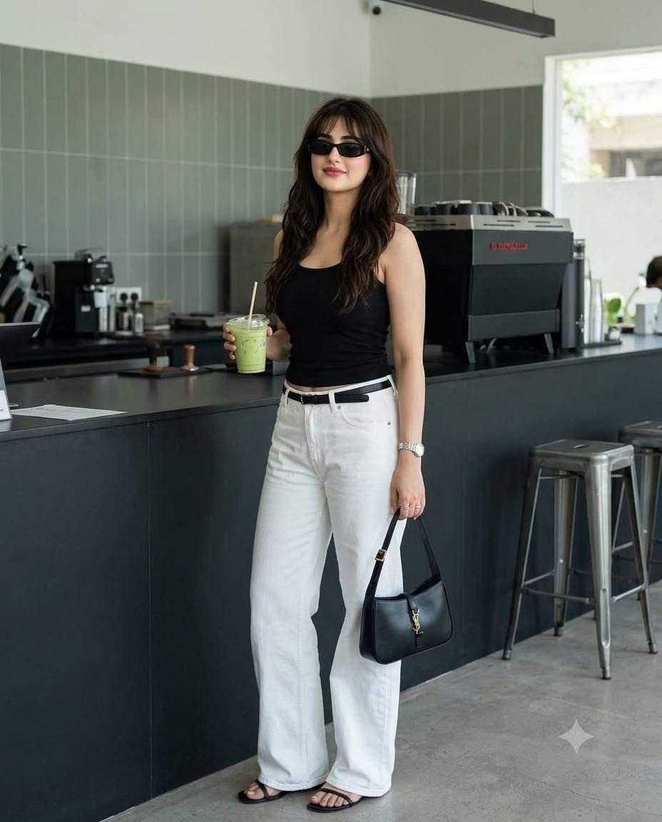 Café fashion portrait AI prompt | Matcha, white jeans & black handbag