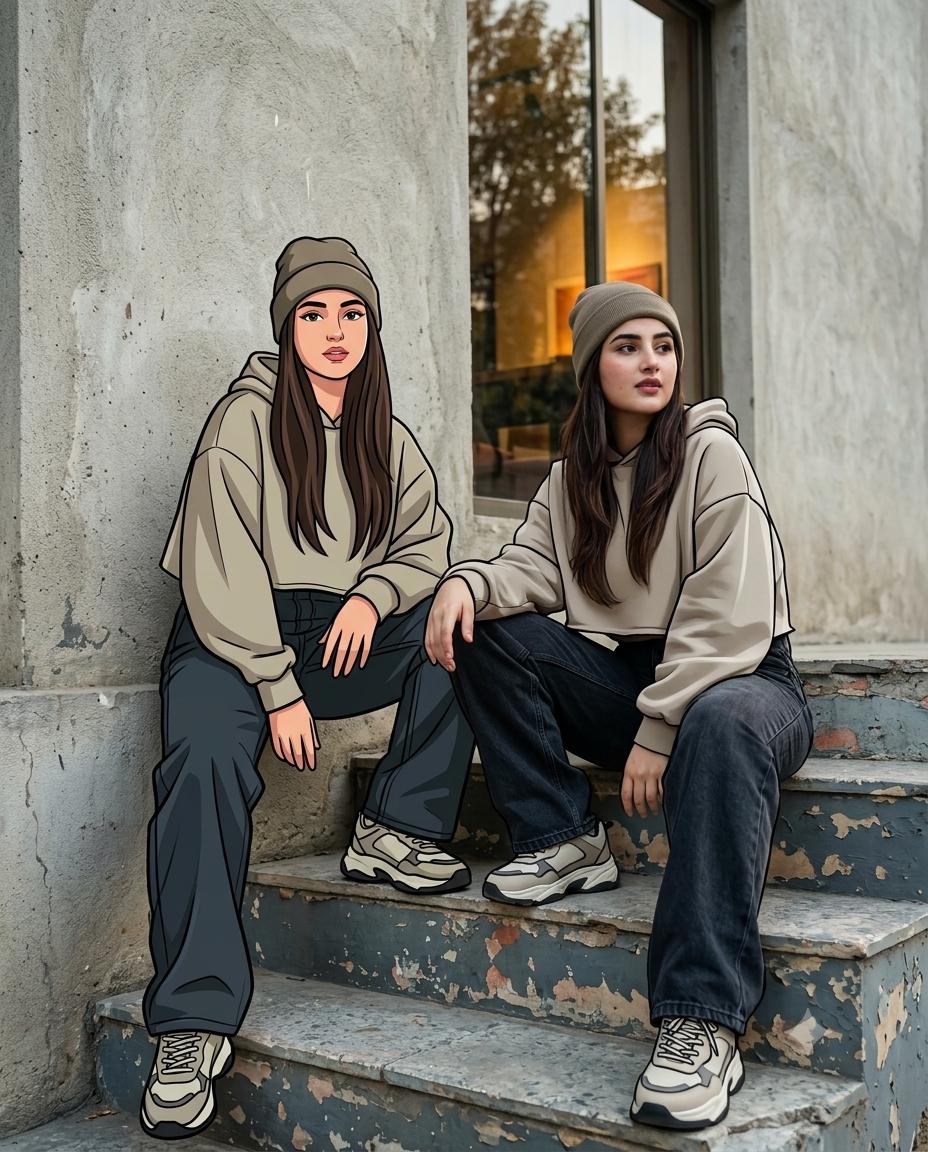 Woman Y2K Mixed Reality Portrait AI Image Prompt | Cartoon Twin & Illustrated Streetwear Style