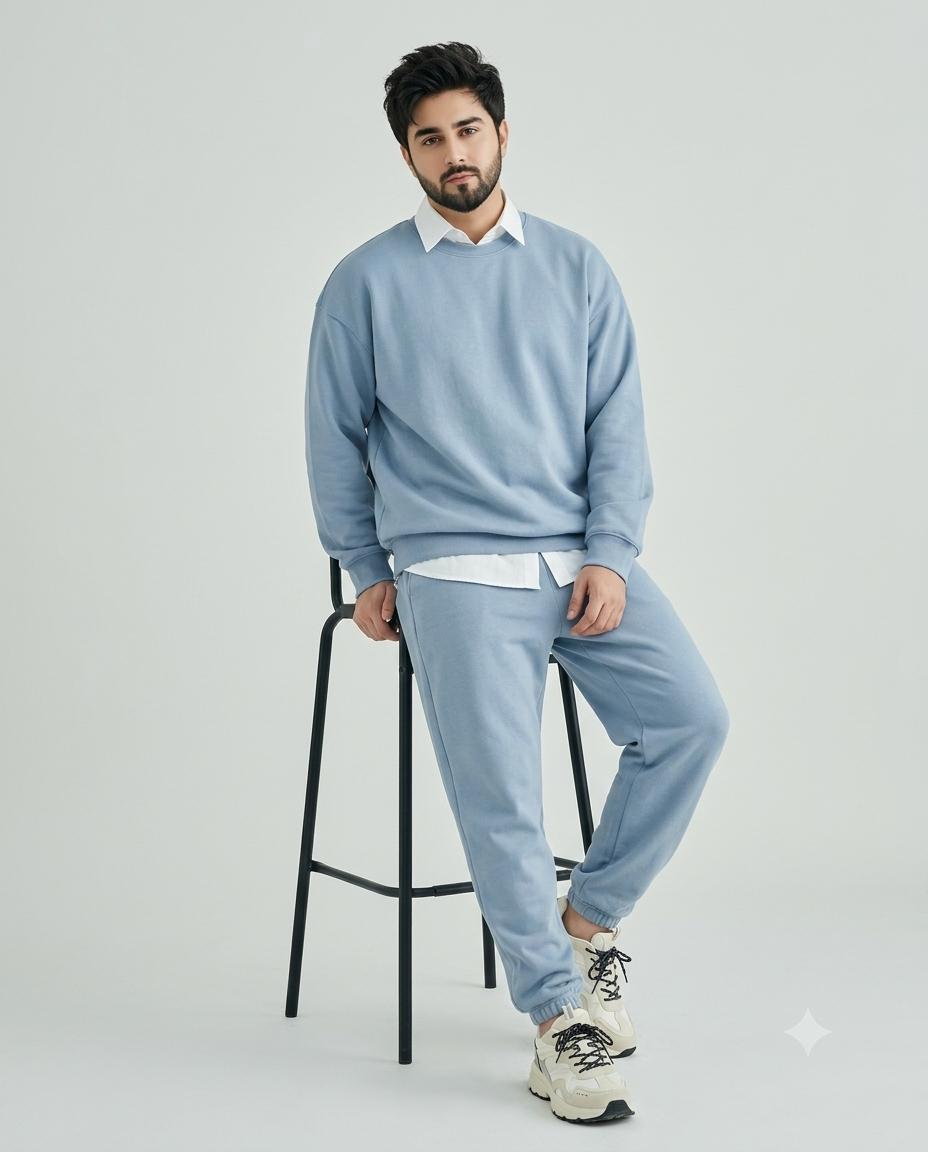 K-fashion male editorial AI image prompt | Dusty blue minimalist streetwear studio photography