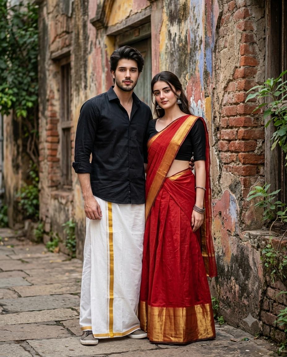 South Indian couple portrait AI image prompt Gemini | Black shirt, white dhoti and red-gold half saree