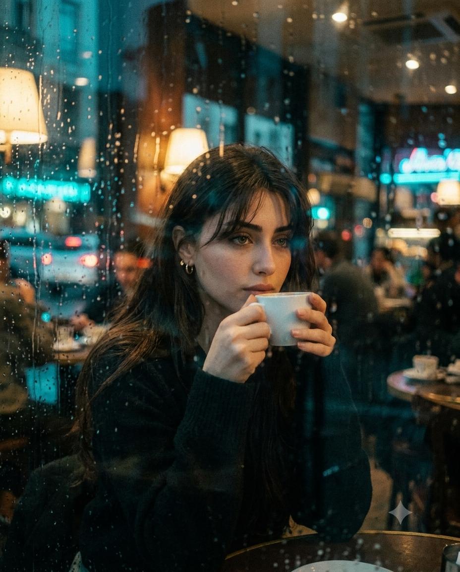 Rainy Café Portrait AI Image Prompt Gemini | Teal-Blue City Lights and Nostalgic 35mm Film Photography