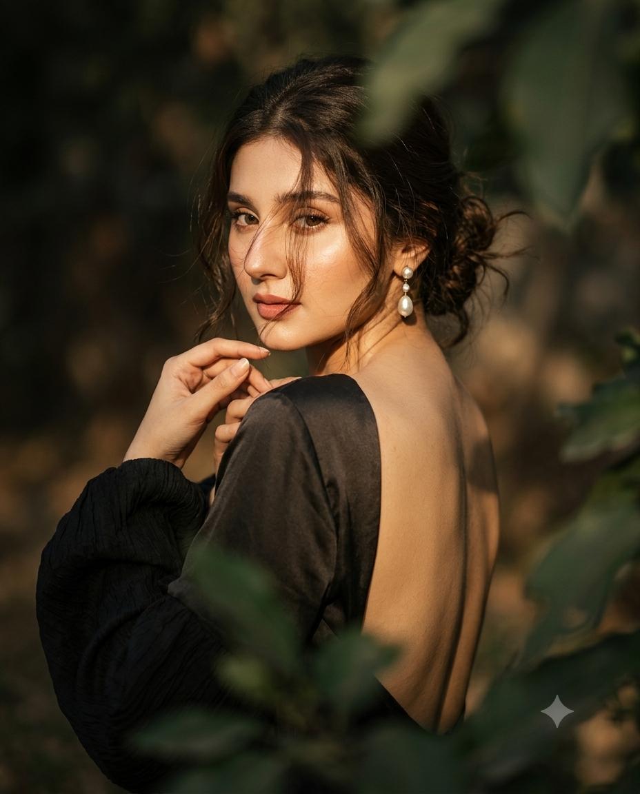 Woman Golden-hour chiaroscuro portrait AI image prompt Gemini | Moody Cinematic Over-the-Shoulder