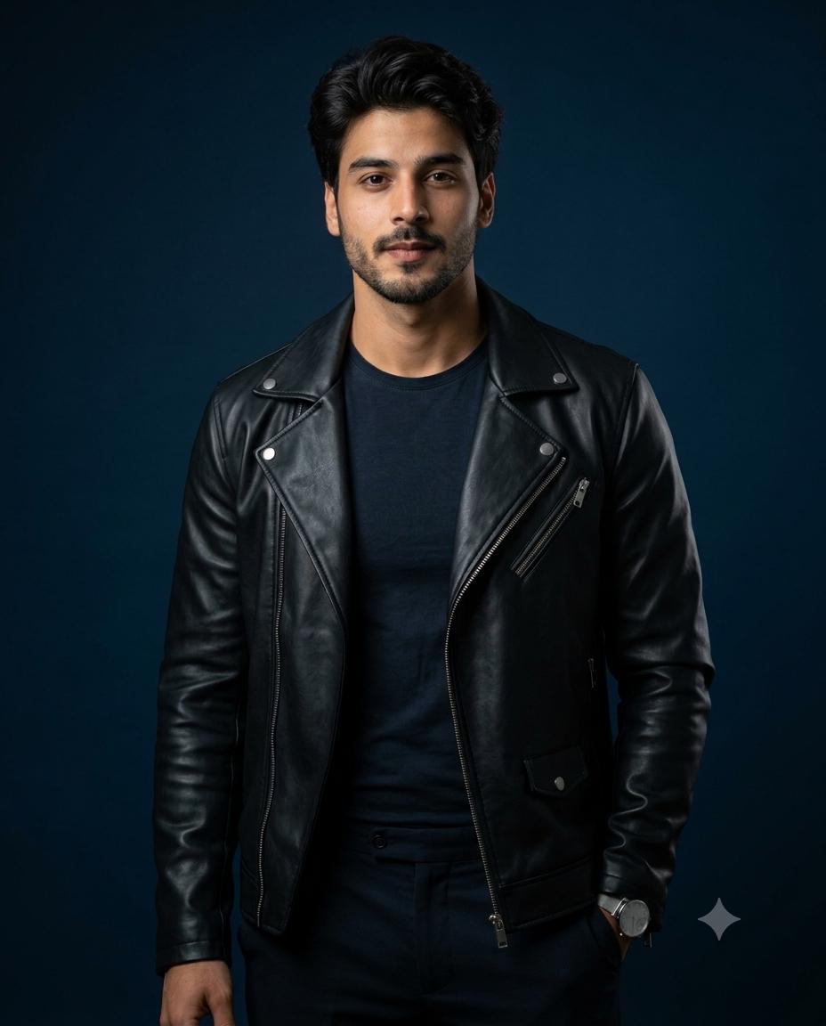 Man Midnight Blue Studio Portrait AI Image Prompt | Modern Leather Streetwear & Cinematic 85mm Lighting