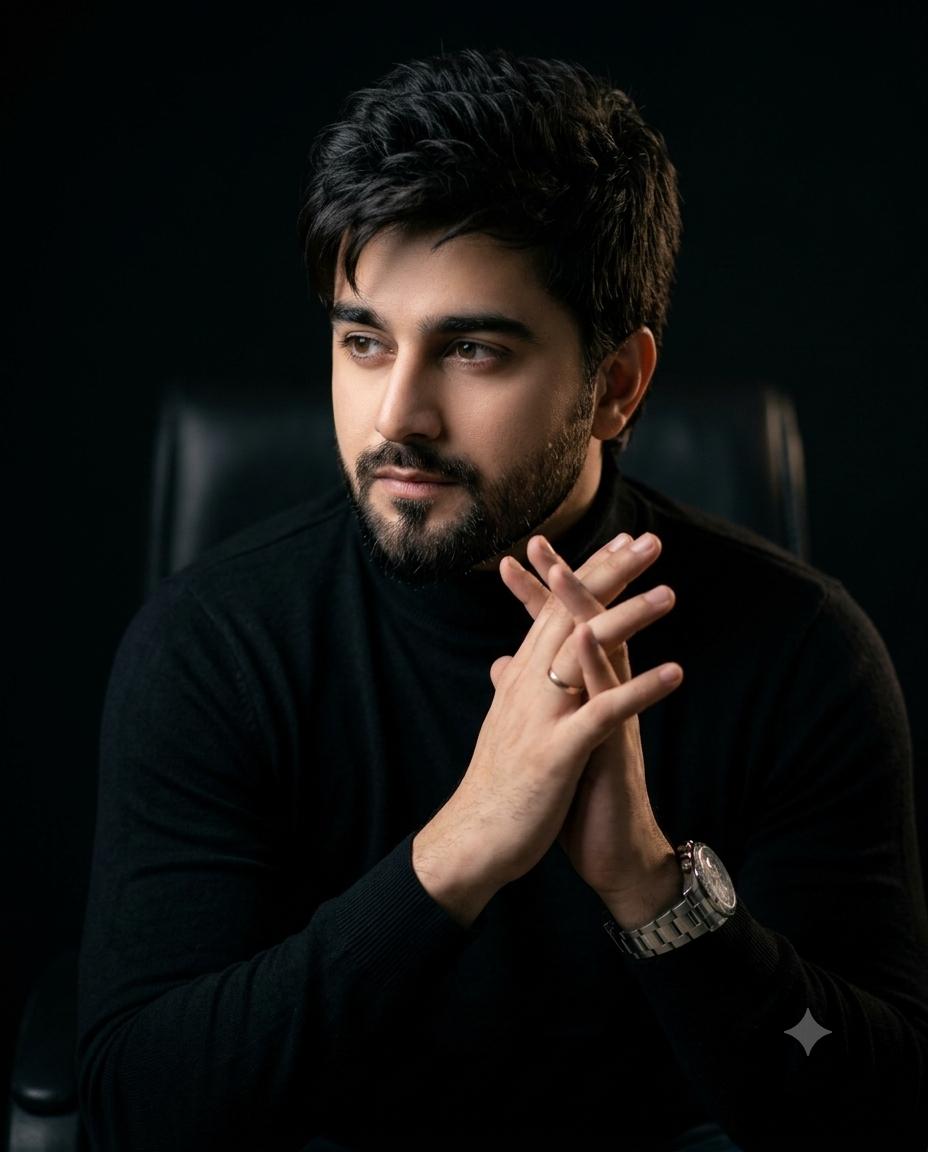 Male portrait in black turtleneck AI image prompt | Moody night photography with dramatic rim lighting