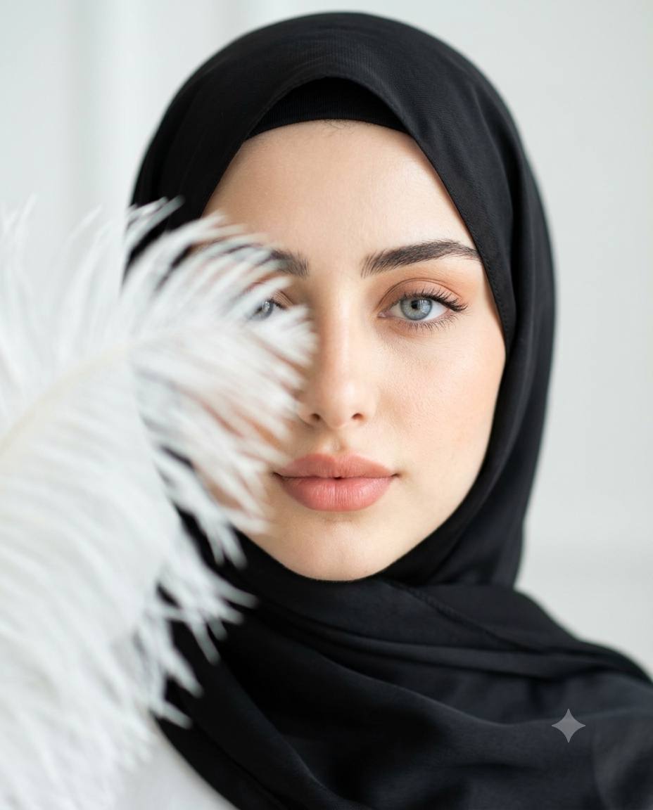 Mysterious Black hijab beauty AI prompt | Half-face portrait & white feather 8k