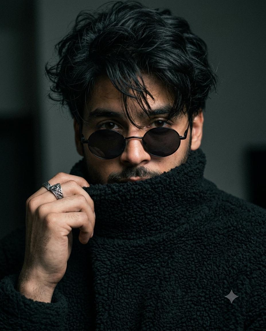 Dark retro male portrait AI image prompt | Moody teddy-fleece collar 8K fashion photography