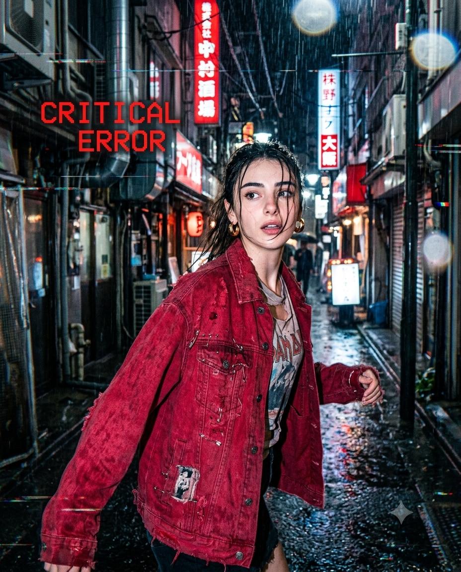 Cyberpunk Street Style AI Image Prompt Gemini | Red Distressed Denim & Neon Tokyo Glitch Art