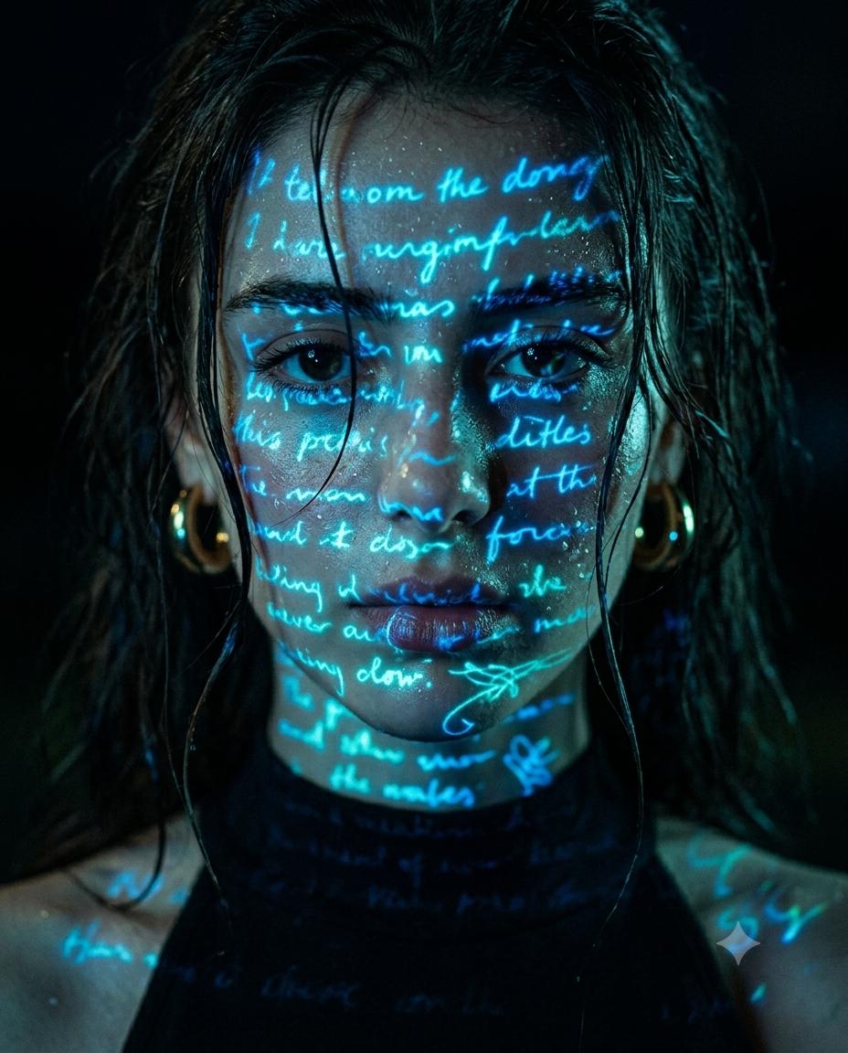 Cyberpunk Woman Portrait AI Image Prompt Gemini | Neon Blue Glow, Handwritten Symbols & Futuristic Noir Photography