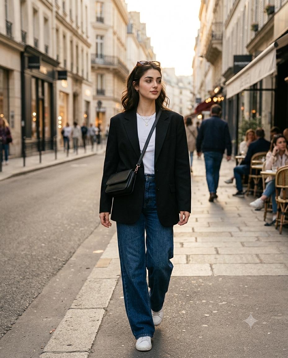Parisian street style AI image prompt Gemini | Black oversized blazer, wide-leg jeans and golden-hour fashion photography